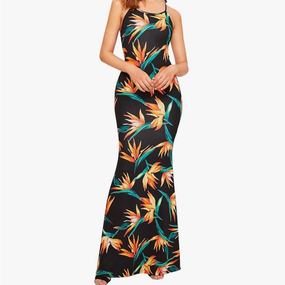 SHEIN Orange Black Bodycon Maxi Dress Spaghetti Strap Resort Wear